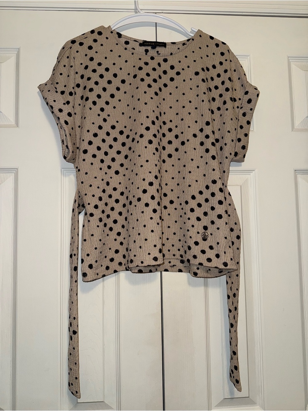 Adrienne Vittadini Beige Polka Dot Tie-Side Short Sleeve Top